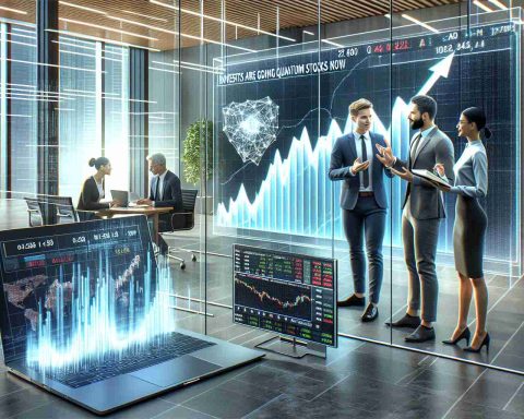 Render an image of an investment scene that reflects the current buzz about quantum stocks. Include an open laptop with a stock market chart featuring a dramatic upward graph. Let there be two investors of differing descents, one being a Caucasian male and the other a Middle-Eastern female, enthusiastically discussing. They are in a modern office space with glass dividers. On wall, a large television screen showing news headlines like 'Investors Are Going Crazy Over Quantum Stocks Now', and ticker tapes running at the bottom. Ensure crisp, photo-realistic details for this high-definition image.