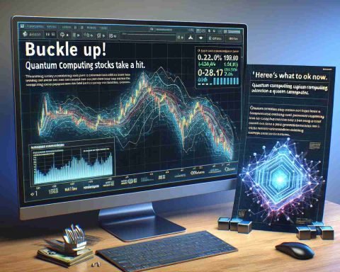 Generate a realistic high definition image where we see a stock market graph taking a downward plunge, symbolizing the fall in quantum computing stocks. Introduce some elements related to quantum computing, like a quantum chip or qubit. Alongside this central image, include a detailed side note or brochure titled 'Buckle Up! Quantum Computing Stocks Take a Hit. Here’s What You Need to Know.' in a professional layout.