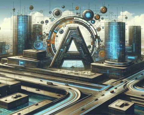 A high-definition, detailed, realistic illustration of a visual representation of Alphabet Inc. This should feature technology-forward design elements and emblematic symbols of the digital frontier. Visualize the company as a cyber titan - with architectural structures shaped like technology and AI symbols amidst a futuristic landscape.