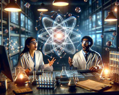 Create a high definition, realistic image that symbolizes a revolutionary discovery in the field of quantum computing. The scene should be composed of a lab environment with various high-tech equipment, glowing futuristic diagrams signifying quantum states, and particles suspended in air. Two scientists, a South Asian female and a Black male, should be studying the phenomena with enthusiasm and surprise. Lab coats, safety glasses, and other typical scientific attire should be included.