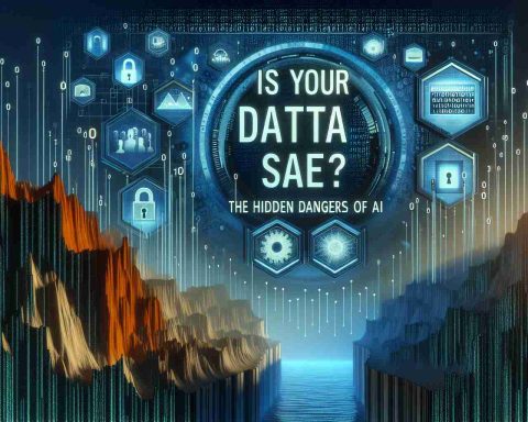 High definition realistic picture featuring the text 'Is Your Data Safe? The Hidden Dangers of AI Security'. The theme of the image should convey a tech-oriented landscape; possibly featuring cyber elements like binary codes, firewall icons, and digital locks. The overtone should raise questions regarding the safety measures used in AI technology. Use unsettling color tones to enhance the sentiment.