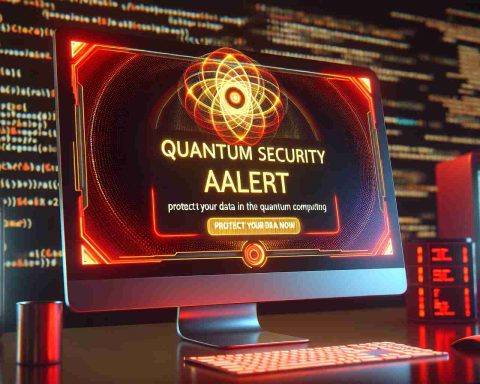 A realistic, high-definition representation of a Quantum Security Alert message. The scene shows a computer alert pop-up window in the digital workspace, showcasing a dramatic, attention-grabbing design with red and yellow colors for urgency. The title of the alert reads 'Quantum Security Alert', and below it, the message 'Protect Your Data Now' is encouraging immediate action. The background can be filled with blurred codes or algorithms to convey the digital environment. Ensure the image embodies the importance of modern cybersecurity in the quantum computing era.