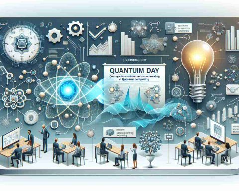 Create an image showing a technology company launching an event called Quantum Day, represented by a banner displaying Quantum Computing related motifs. Also include elements symbolizing ongoing discussions surrounding the future of Quantum Computing. Note to create this in a realistic HD style.