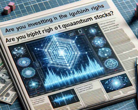 Detailed high-definition illustration of a newspaper page with a headline that reads, 'Are You Investing in the Right Quantum Stocks? Think Again'. A chart showing the stock market fluctuations for quantum investments is prominently displayed. The scene also includes photographs of stock images related to quantum technology.