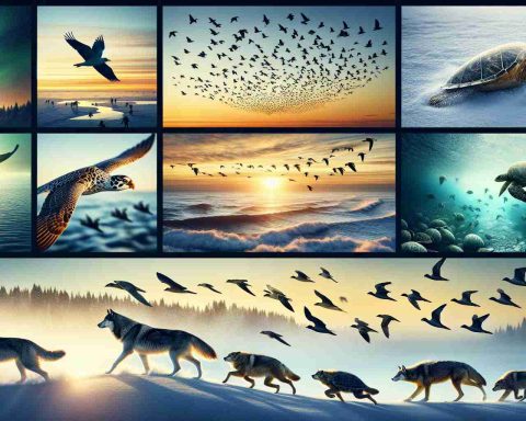 Generate a high-definition image illustrating the profound precision of animal navigation in nature. Show a variety of animals in different natural landscapes, such as birds flying in formation against a sunset sky, turtles navigating through the vast ocean, or a wolf pack crossing a snowy landscape. Amplify the sense of dynamism and precision within nature, highlighting the innate navigation skills of these animals.