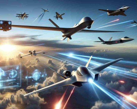 A realistic, high-definition image showcasing the advanced technologies that could potentially shape the future of air combat. The scene could include unmanned drones with sleek designs, hypersonic jets soaring through the sky, and invisible stealth aircraft. To visualize the advanced warfare capabilities, lasers might be shown shooting out of aircraft, or advanced radar systems tracking multiple targets. There may also be clouds in the sky and a setting or rising sun in the distant horizon, which creates a beautiful contrast with the futuristic machinery.