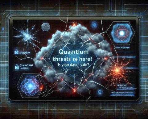 Generate a realistic, high-definition image of the concept of Quantum Threats, symbolising danger to data safety. This should include elements such as ominous quantum cloud, cracked digital shields, lines representing data streams under threat, and text message reading 'Quantum Threats Are Here! Is Your Data Safe?' situated somewhere within the picture.