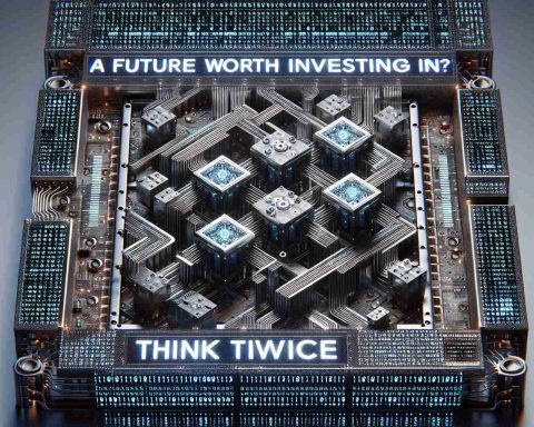 High definition depiction of the concept of Quantum Computing as an investment feature. It should include intricate circuits, binary code as metaphoric representation of Quantum bits and the phrase 'A Future Worth Investing In? Think Twice' with an element of nuance suggesting second thoughts, all created with a realistic style.