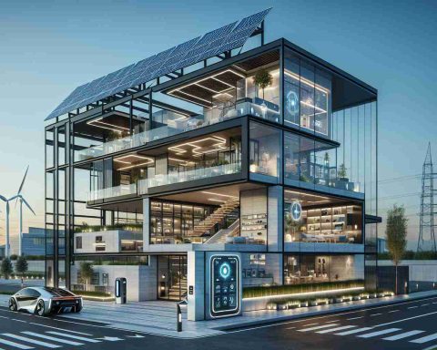 Generate a realistic HD photo of a futuristic high-tech residential building known as Casa Quantum. It should have cutting-edge appliances and smart home technology integrated with every aspect of the structure. Visible rooms should have sleek, modern design with minimalistic furniture, light-based communication system and touch screen panels. The exterior should reflect solar panels, compact wind turbines, and a sleek design with a mix of glass and sustainable materials. An electric vehicle charging station might be visible at the driveway, indicating a focus on sustainable living.