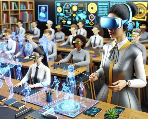 Realistic HD imagery depicting the future of virtual teaching through a scene where an animated character, Miss T, is leading an innovative method of learning, featuring immersive virtual reality environments, interactive 3D objects, and engaging gaming elements. Miss T is an Asian woman with a futuristic attire, neatly tied hair, wearing VR glasses and guiding a diverse group of digital student avatars of multiple genders and descents in a vibrant, tech-laden classroom.