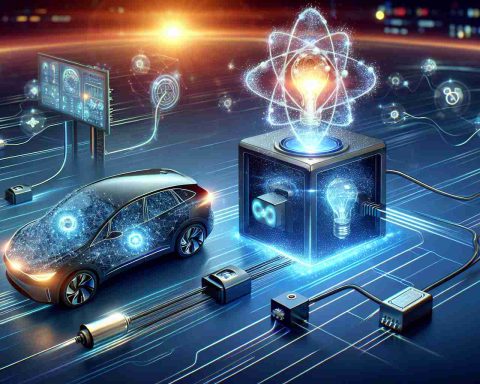 Create a high-definition, realistic illustration representing the concept of quantum technology revolutionizing energy management, particularly in the context of electric vehicle integration. Show an innovative technological setup, complete with sparkling quantum elements and advanced energy management devices connected to an electric vehicle, symbolizing the dawn of a new era.