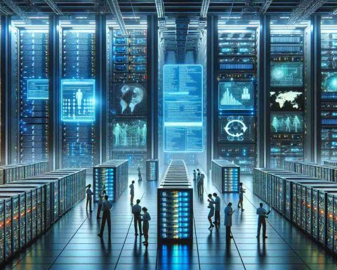 Generate a realistic, high-definition image that represents the future of High Performance Computing (HPC). Picture a futuristic data center with rows of towering server racks brightly lit from the inside. On the screens nearby, visualize complex codes and algorithms running, signifying advanced computational tasks. Include some humans in the scene depicting diversified occupation roles like system administrators, engineers, and researchers, each with varying descent and gender, interacting with the machinery and analyzing data.