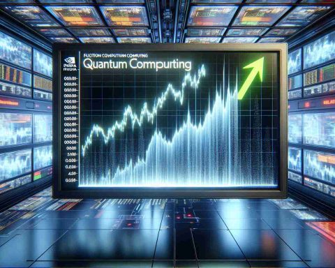 A high-definition, realistic image representing the concept of quantum computing stocks skyrocketing. Display a graph on a futuristic digital screen, showing sharp upward trends in these stocks. Include the logo of a fictional tech company, not NVIDIA's, announcing a major event, the hype of which is fuelling this rise. The scene could be within a high-tech trading floor heavily lined with digital screens displaying various stock market data.