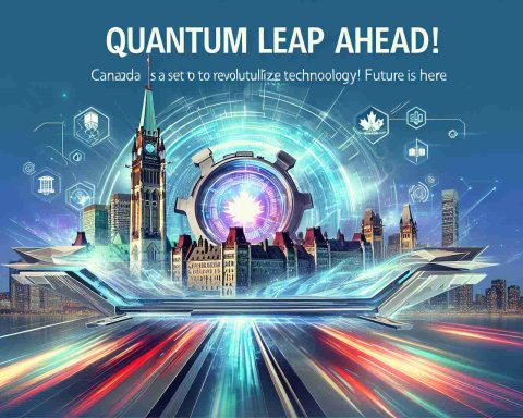 An HD realistic image of the concept 'Quantum Leap Ahead'. Visualize a significant stride in technological progression, symbolized by futuristic devices indicating advanced, yet accessible technology. The backdrop showcases iconic Canadian landmarks, connoting the region's involvement in this technological surge. Embed the words 'Canada is Set to Revolutionize Technology! The Future is Here' in an engaging and dynamic typographic style that complements the futuristic theme.