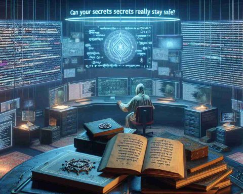 A realistic HD image representing the concept of the rise of Indian cryptography. The scene portrays a person of South Asian descent engrossed in coding on a futuristic computer station. The room is filled with multiple screens displaying complex encryptions and decryption processes in indic scripts. Strewn about are ancient Indian manuscripts on mathematics and science. A faint holographic question, 'Can Your Secrets Really Stay Safe?' floats above the computer station.