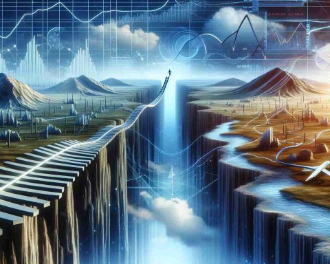 A detailed image of the concept of 'Quantum Leap' or 'Risky Venture'. This is symbolized by a path that leaps over a vast gap on a surreal landscape implying a quantum leap, and a precarious bridge crossing a steep valley, standing for a risky venture. Surrounding this landscape are visual metaphors for financial stocks, such as line graphs, pie charts, and bar graphs, all indicating a focus on stock analysis. Please represent this scene with High Definition realism.