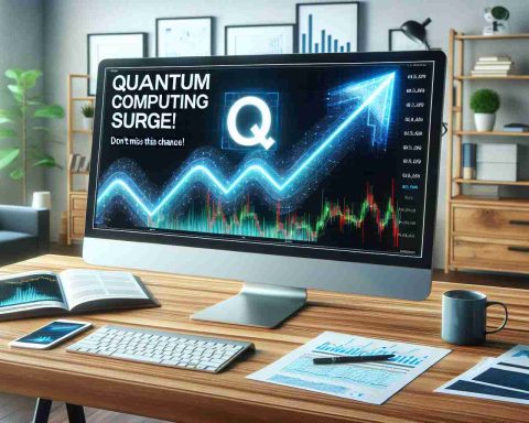 Generate a realistic high-definition image featuring the headline 'Quantum Computing Stocks Surge! Don't Miss This Chance' displayed on a computer screen. The screen should be in a bright home office setting centered on a well-polished wooden desk. Details should include a bullish stock market chart, the symbol 'Q' representing Quantum computing stocks, along with a striking upward arrow graphic. Add a coffee mug and a few financial reports scattered around the desk to create an active trading atmosphere.