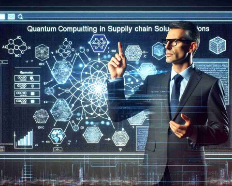 An image representing a business leader emphasizing the potential of quantum computing in supply chain solutions. This individual is seen lecturing on a stage with a large screen behind them. The screen displays complex algorithms and diagrams related to quantum computing. The individual should be of Caucasian descent, with typical business attire: a suit, tie, and glasses.