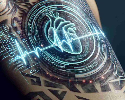 Generate a realistic, high-definition image of futuristic health monitoring technology. Depict a series of inked tattoos on a skin surface, appearing to track heartbeats and physical condition. These tattoos should look like a blend of art and advanced technology, subtly glowing and pulsing in synch with the imagined heartbeats. Include a diverse range of skin tones in the image, illustrating the wide applicability and neutrality of this technology.