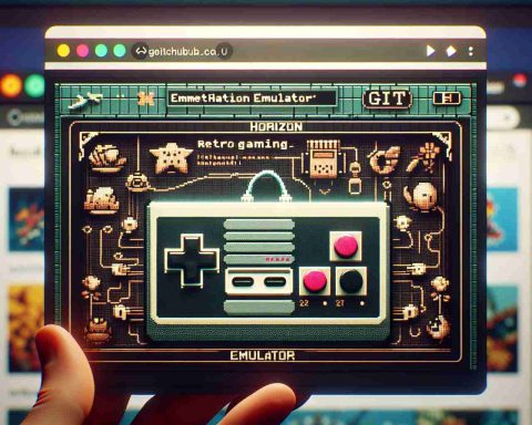 Generate a sleek and sophisticated render of an innovative retro gaming emulator named 'Horizon Emulator'. The emulator is shown on a web page whose URL indicates that it is hosted on GitHub. The Horizon Emulator has a vintage aesthetic with modern upgrades that enhance gameplay and performance. Incorporate elements of retro gaming, like a pixelated font or a joystick icon, into the design of the emulator interface. The web page background could be filled with nostalgic images from classic video games. Please maintain a realistic and high definition quality for this image.