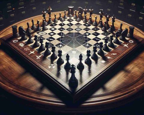 A high-definition, realistic representation of a symbolic chessboard with pieces signifying advances in military technology. Each chess piece should represent a different aspect of military technology, ranging from drones to artificial intelligence systems. The setting is a dimly lit room, with a large well-crafted wooden table holding the chessboard in the middle. On the chessboard, a primary chess piece, indicating a major technological advance, is making a decisive move, suggesting a potential shift in the balance of power.