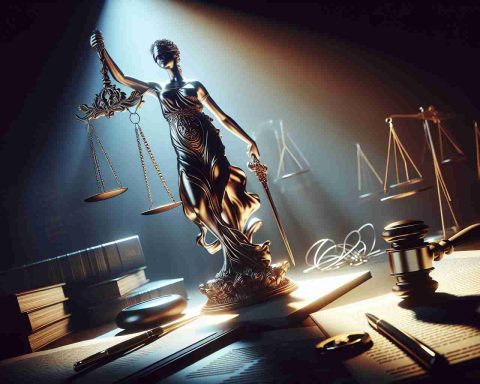 A high-definition, realistic illustration depicting the abstract concept of justice. The image shows the scales of justice tipped heavily on one side, a gavel about to strike, courtroom documents scattered about, and intense lighting that suggests a dramatic and suspenseful atmosphere. To heighten the suspense, the image also includes a representation of an anticipatory crowd, all waiting for a shocking verdict. The question 'Will Justice Prevail?' hangs bold and defiant in the air.