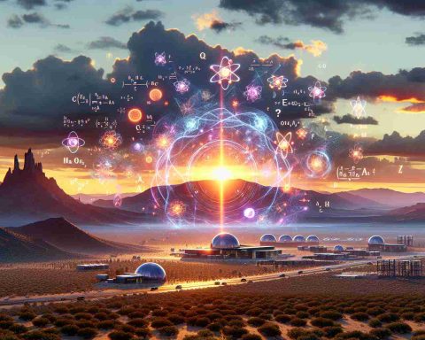 Photorealistic, high-resolution image showcasing the dawn of the new quantum era symbolized as vibrant sunrise on the horizon. The scene takes place in the unique New Mexico landscape, with its expansive desert, sparse vegetation, and dramatic mountain ranges. This thrilling expansion into novel territories of science is manifested through floating icons of quantum particles, atomic structures, and equations subtly embedded in the sky. Additionally, a futuristic laboratory can be seen in the distance, embodying the advancement in technology and research.